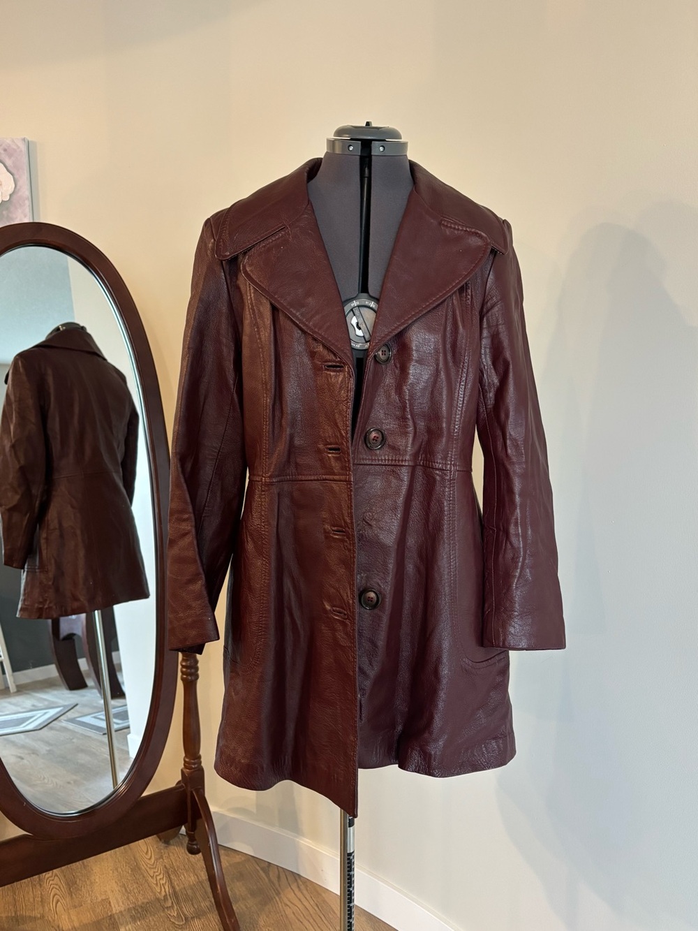 Womens Burgundy Leather Button-Front Coat